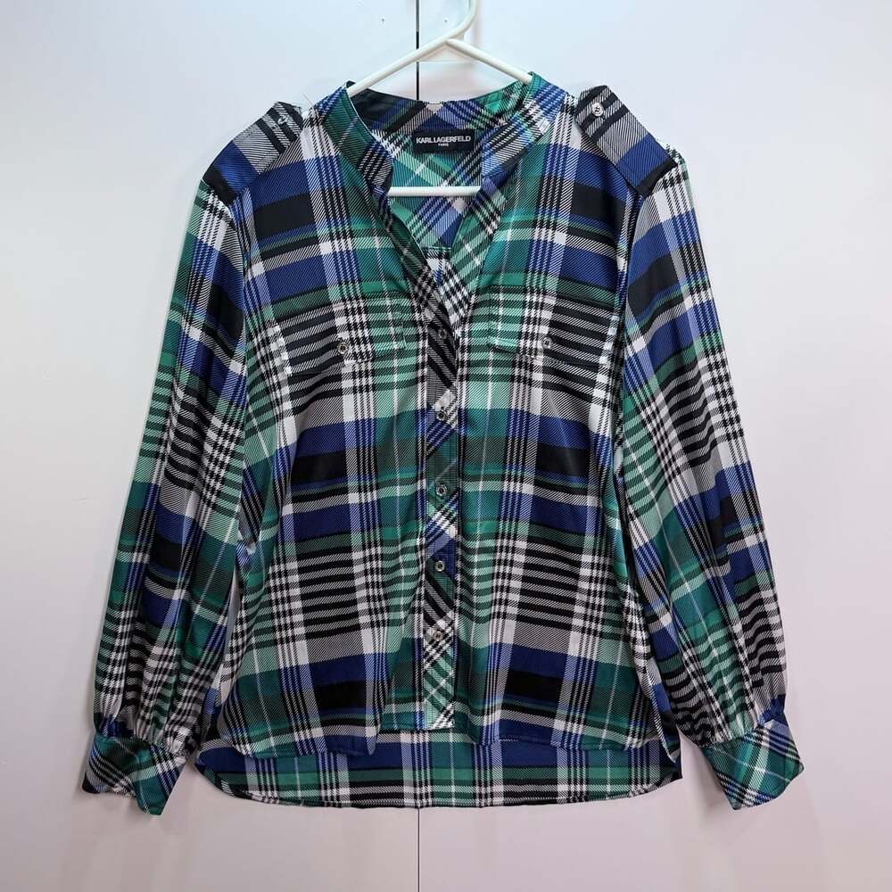 Karl Lagerfeld Paris Plaid Long Sleeve Blouse Size XL Multi Color
